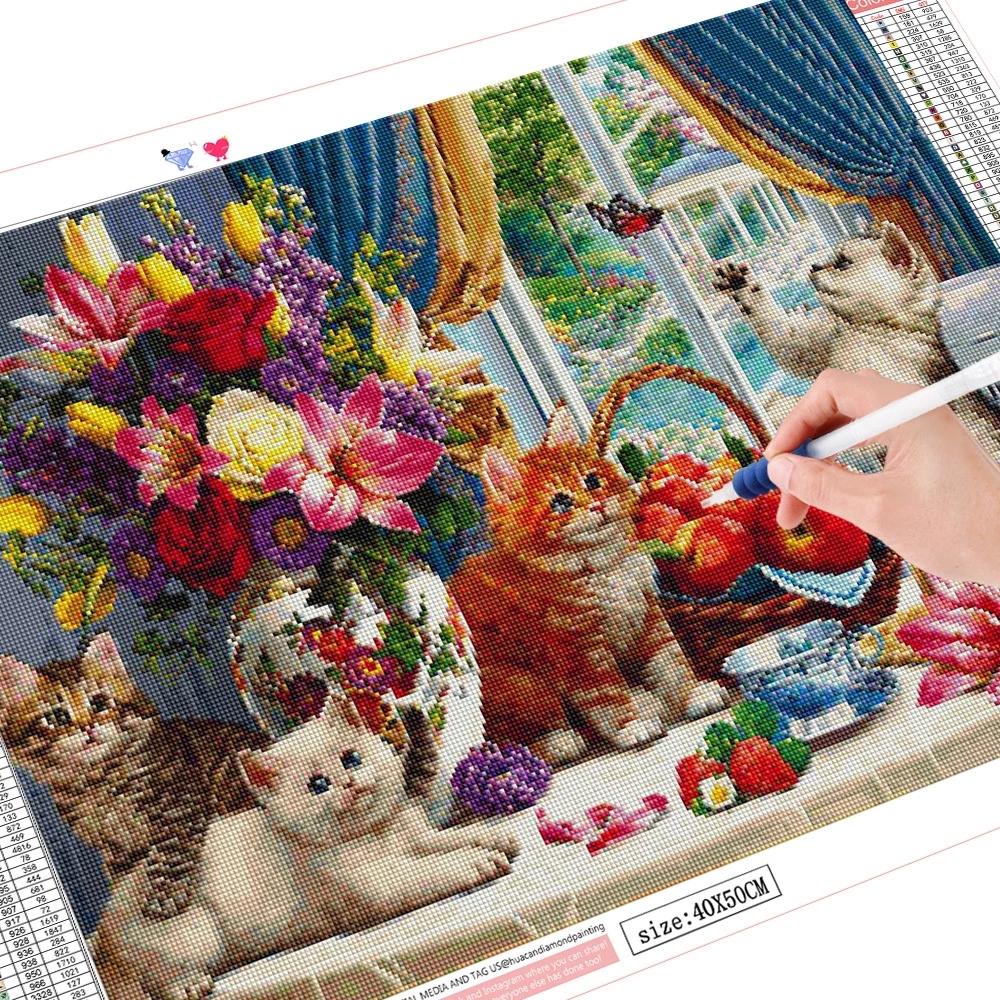 HUACAN 5D DIY Diamond Embroidery Cross Stitch Sale Cat Animal Diamond Painting Flower Picture Of Rhinestone Home Decoration