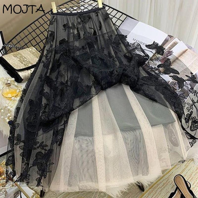 Women Spring Autumn Boho Lace Crochet Skirt Stretch High Waist Women Embroidery A-Line Skirt Women Beach Pleated Skirt