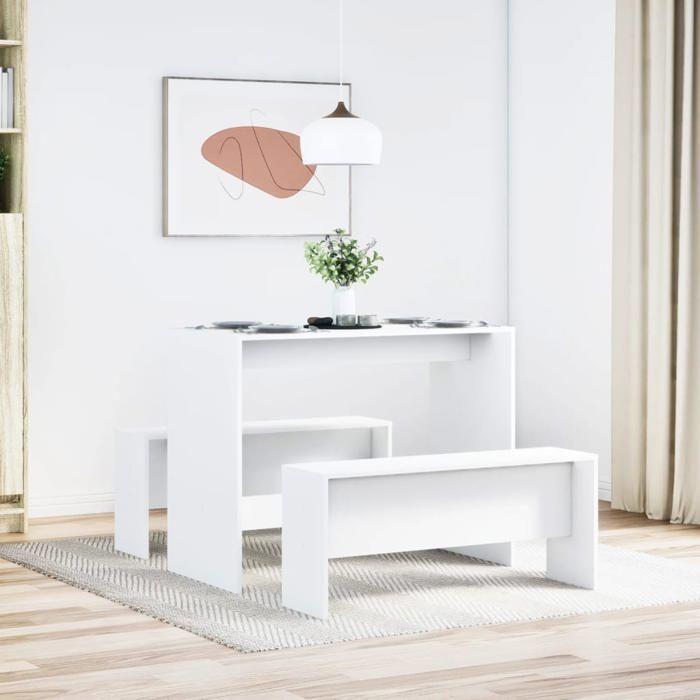 VidaXL Ensemble table à manger et bancs 3pcs blanc bois d'ingénierie, ensemble de table à manger, table à manger avec bancs, 855530