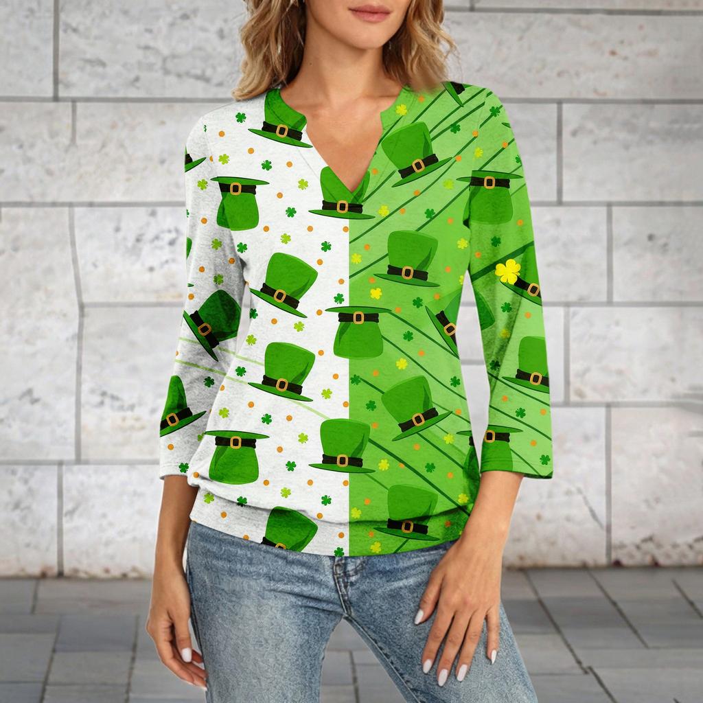 Damen 3/4-Arm Oberteil mit Bündchensaum, V-Ausschnitt, Sommer Freizeit-T-Shirt, St. Bedrucktes Oberteil zum St. Patrick's Day