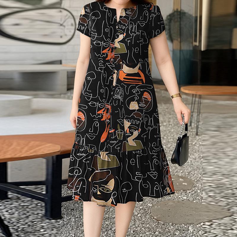 ZANZEA Women Casual Round Neck Summer Printing Short Sleeve Dress S чёрный