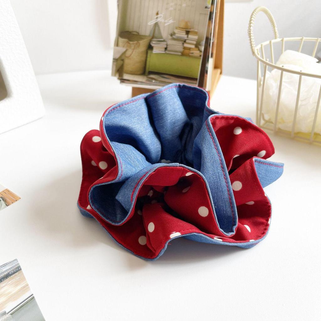 Korean Style Double-Layer Polka Dot Denim Scrunchie Hair Tie