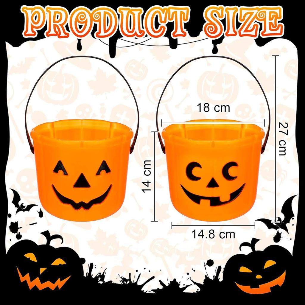 Halloween Trick Or Treat Buckets Pumpkin Candy Basket Plastic Pail Candy Holder With Handle Orange Jack-O'-Lantern Party Favors
