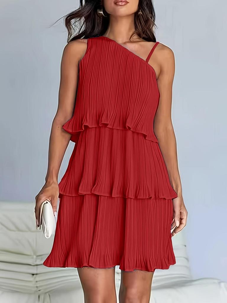 2026 European Cross-Border Women's One-Shoulder Layered Patchwork Pleated Dress