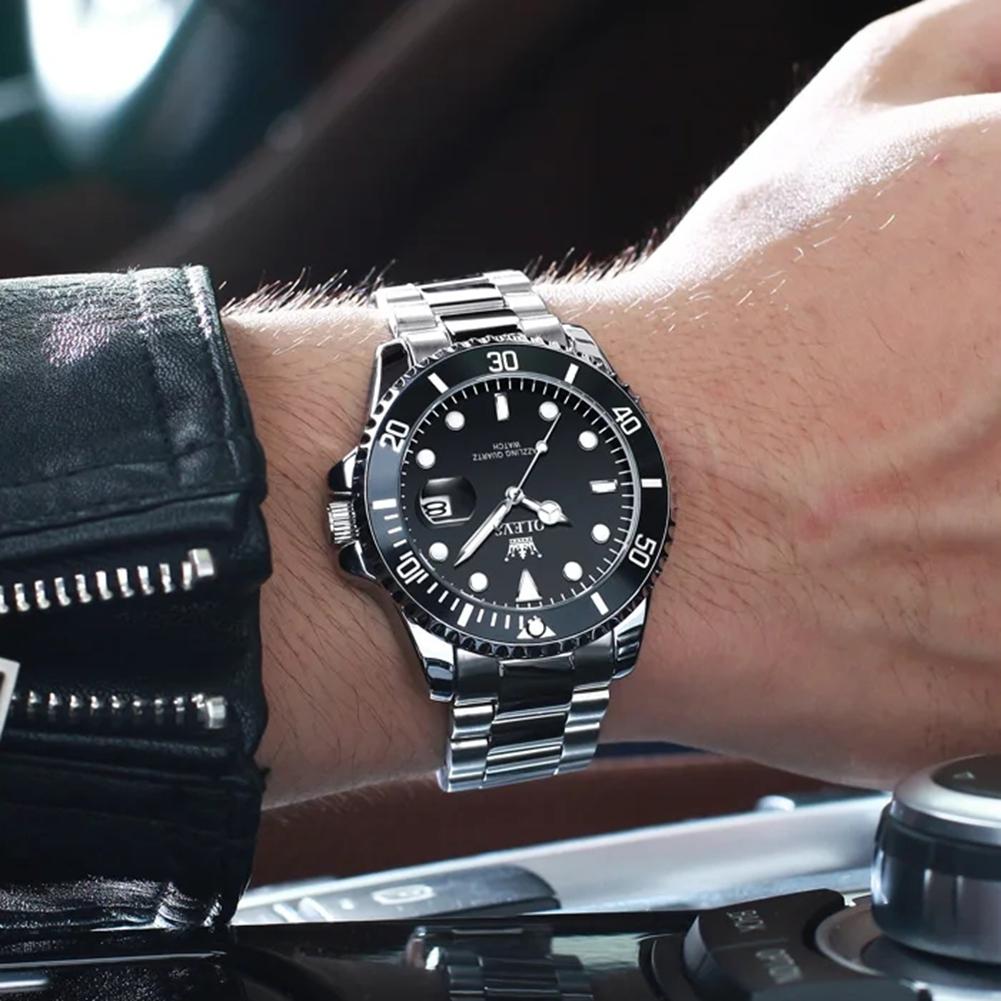 Herrenuhren Grünes Zifferblatt Wasserdicht Edelstahlarmband Kalender Quarzuhr Leuchtend Luxus Herrenarmbanduhr