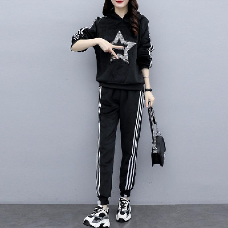 Gold Velvet Set - Women's Autumn/Winter Large Size - Slimming and Concealing Fat - Casual Hooded Trendy Two-Piece Set