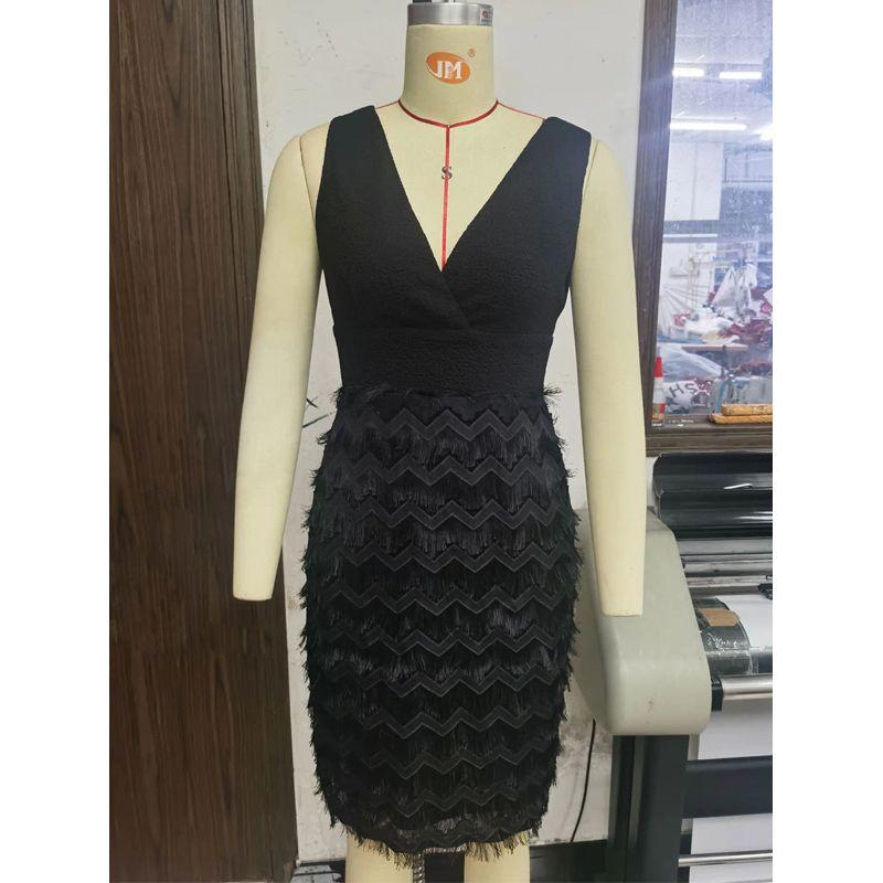 

European and American Fashion round Collar Tassel Patchwork Women clothes Sequins Dress Sexy Women Party Dress V Neck Black XL