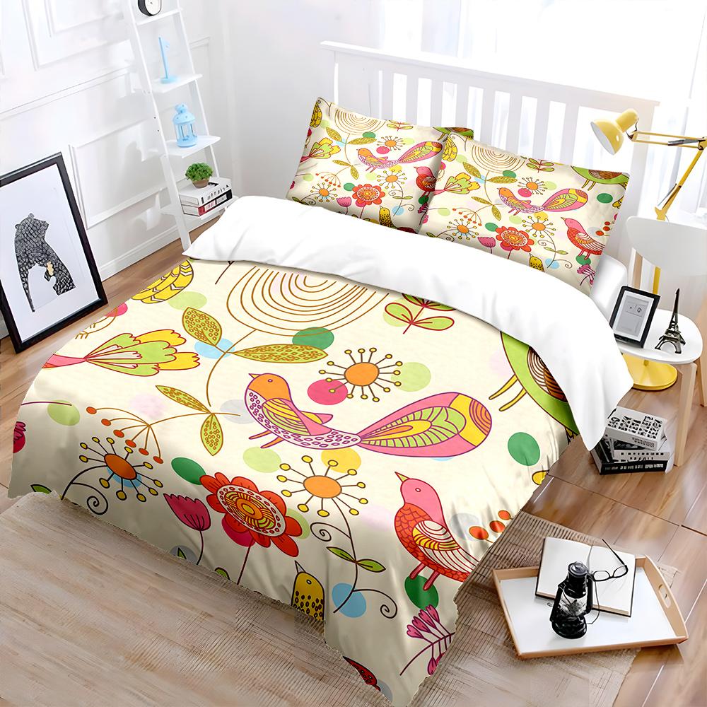 Colorful Cartoon Birds With Floral Print Soft Comfortable Duvet Cover Bedding Set Included 1*Duvet Cover  2*Pillowcases