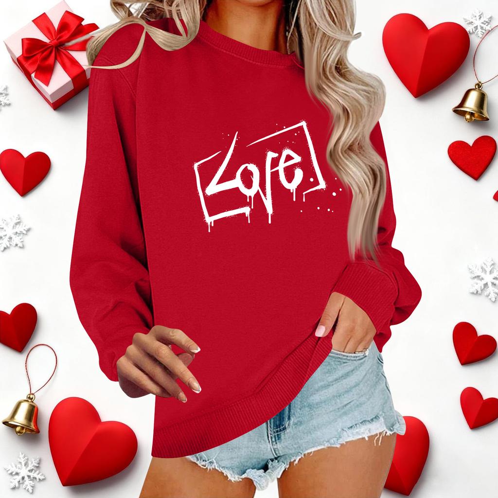 Haut décontracté à col rond et manches longues pour femme avec imprimé pour la Saint-Valentin