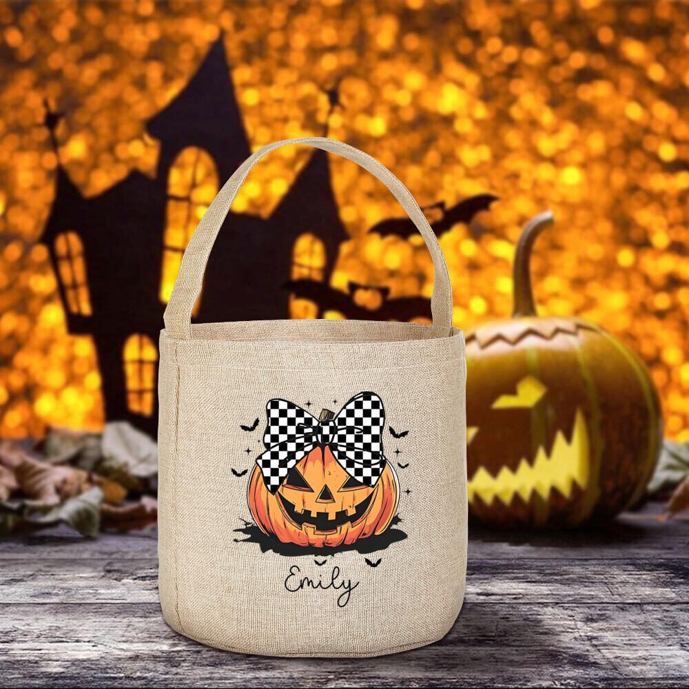 Customized Halloween Trick or Treat Canvas Tote Bag Spooky Pumpkin and Bat Design Halloween Gift Bag Kids Trick or Treat Basket 20X28x8cm