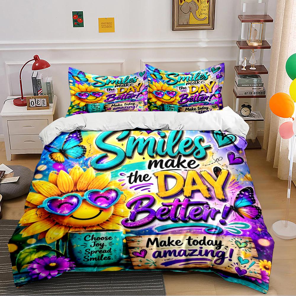 Smiley Sunflower and Butterfly Bedding Set Bedding set (1 duvet cover, 2 pillowcases, duvet not included) 135x200cm