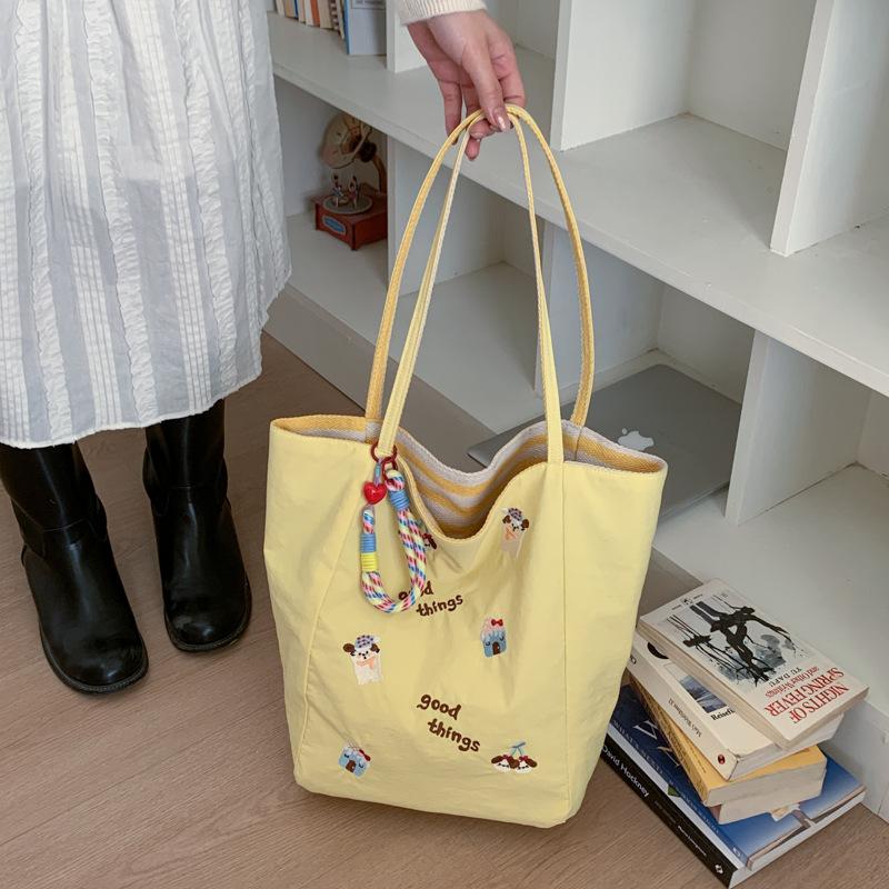 Cute Cherry Puppy Embroidered Tote Bag Large Capacity Casual Shoulder Handbag for Women KTB