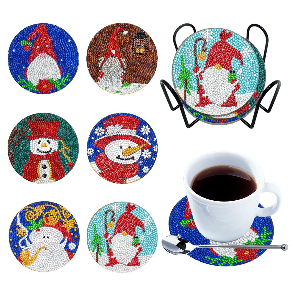 6/8PCS Diamond Painting Coasters Cartoon Animal Wooden Diamond Mosaic Art Drink Cup Pad Table Placemat Home Decor Christmas Gift