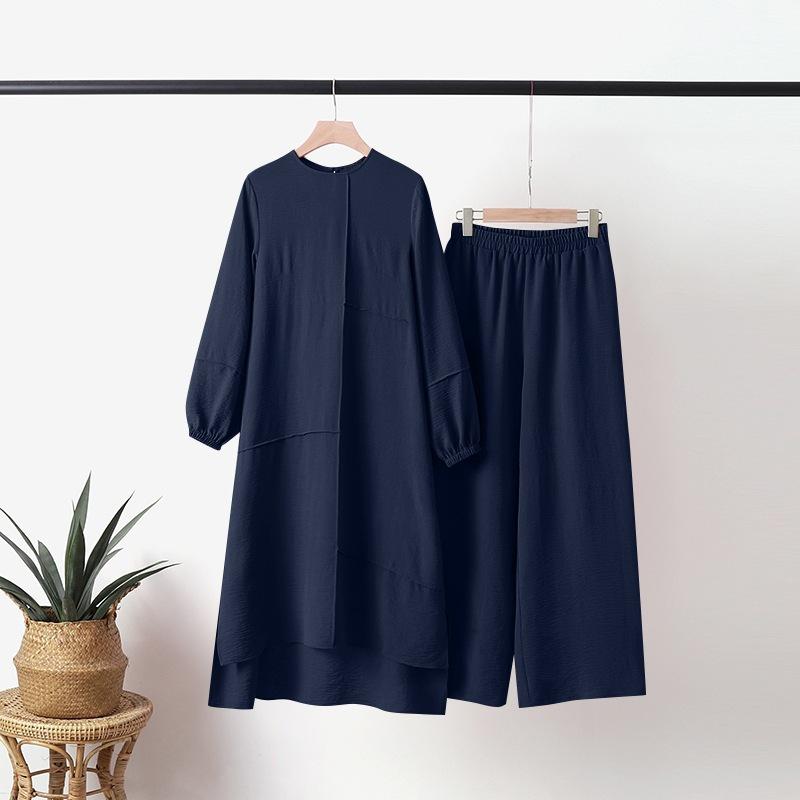 Muslim Women's Urban Sportswear: Elegant Puff Sleeve Shirt & Wide Leg Pants Set