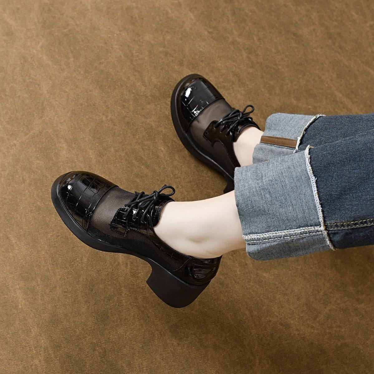 

Маленькие кожаные туфли женские британские сетчатые дышащие на шнуровке с круглым носком на толстом каблуке одинарные туфли черные туфли в стиле колледж для женщин 40