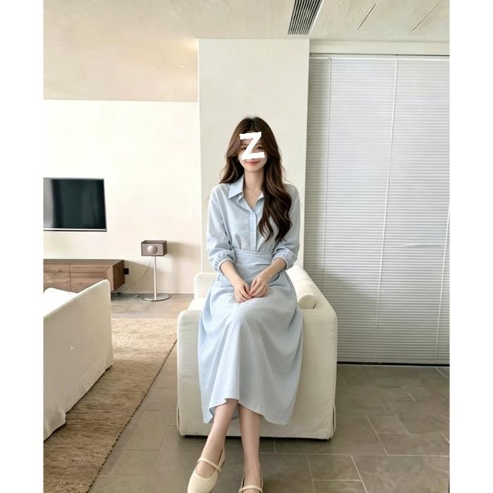 Light Blue Lapel Collar Long-sleeved Shirt Dress Women's Waist Twist Commuting Simple and Gentle Temperament Showing Thin Niche Design Sense