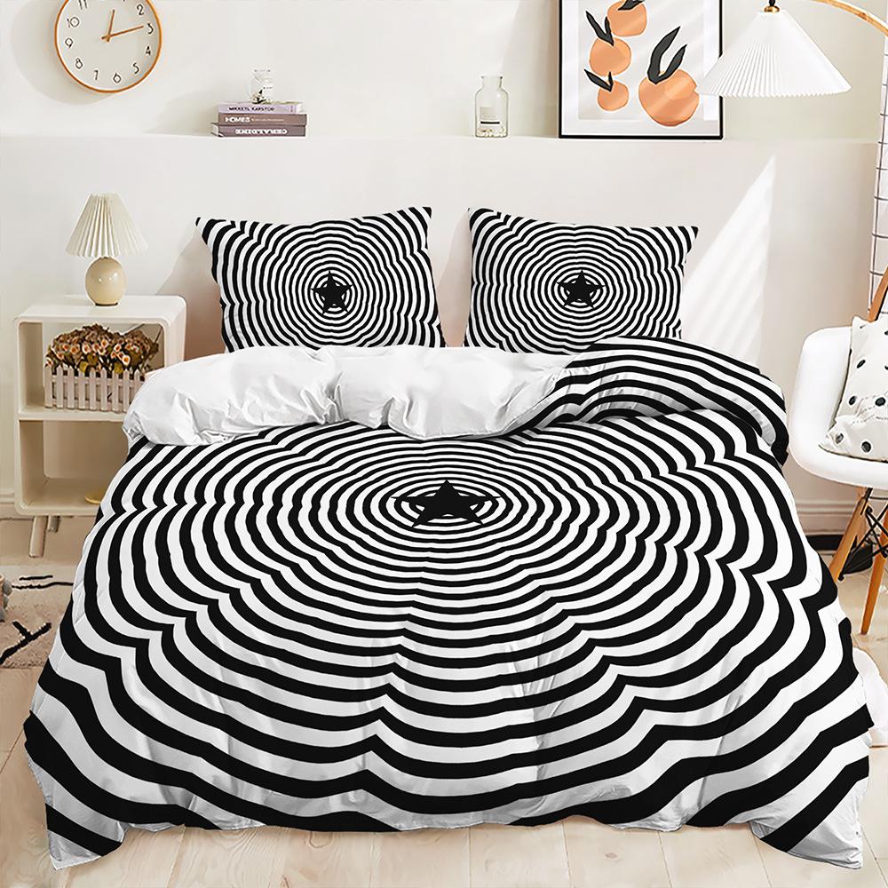 Quilt Cover Black And White Striped Pillowcase Digital Printing Three-Piece Set Bedding Simple Style