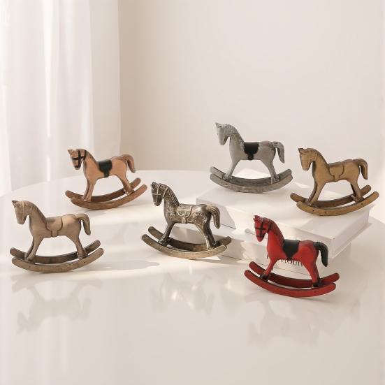 Wooden Rocking Horse Figurine Retro Miniature Horse Ornament Rustic Desktop Rocking Horse Statue for Home Table Centerpiece Shelf Cabinet