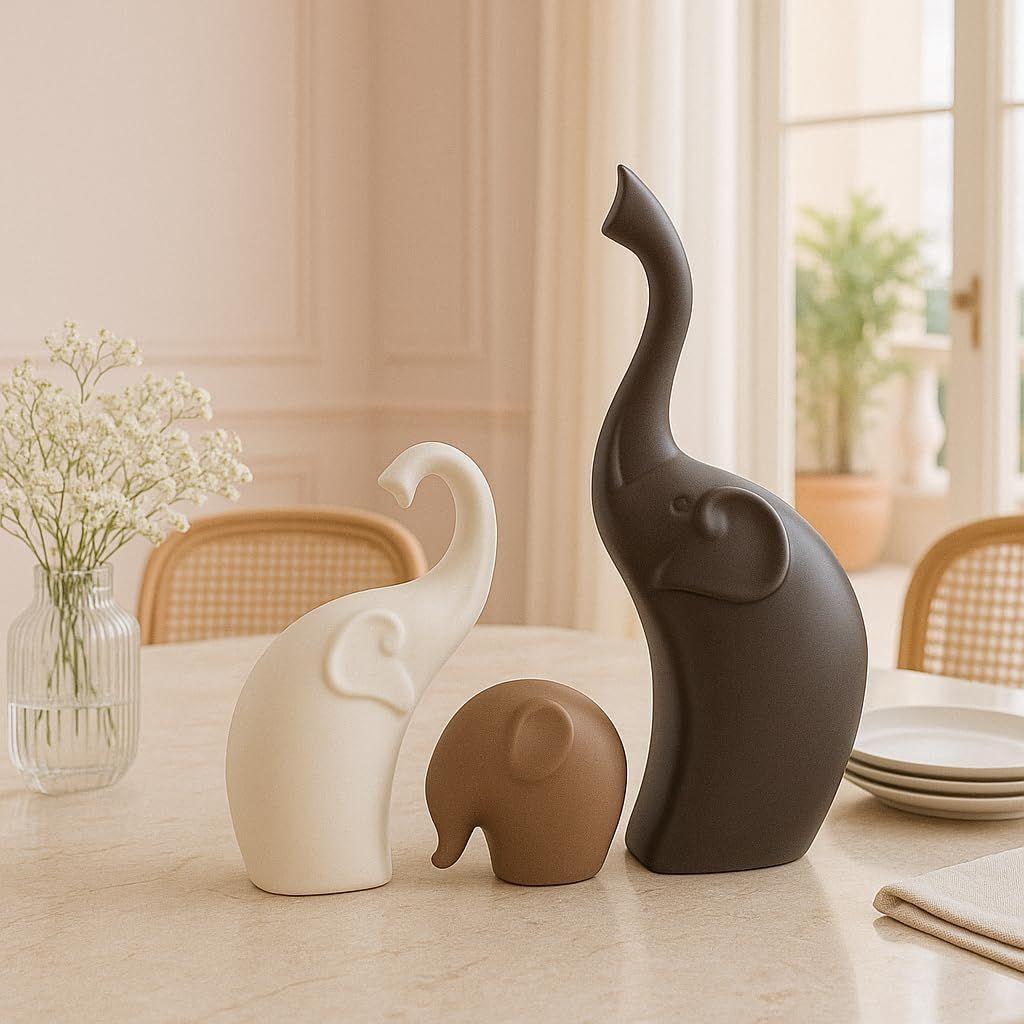 Xtore Home Decor Elephant Family Matte Finish Ceramic Figures - (Set of 3 Piece, Matte Brown)