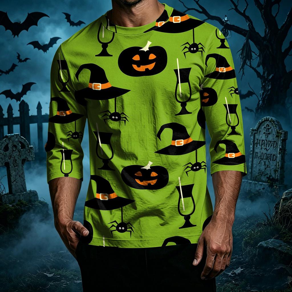 Men's Casual Halloween Pumpkin Print Raglan Sleeve T-Shirt Crew Neck Three Quarter Sleeve Top Lightweight Comfortable Fit