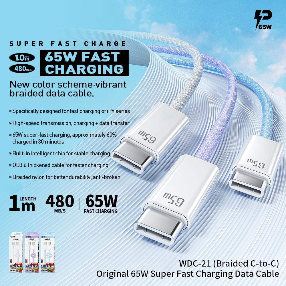 

WEKOME WDC-21 1m USB-C to USB-C Charger Cable Nylon Braided 65W Fast Charging Cord White