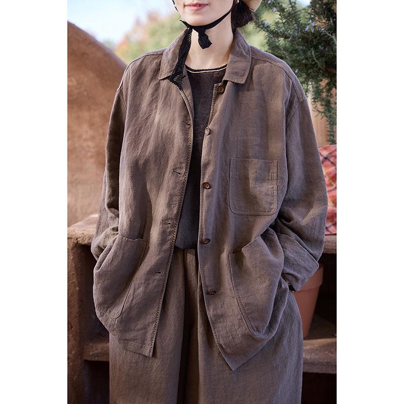 Spring Summer Retro Women's Tea Brown Linen Plus Size Slimming Loose Lapel Shirt Outerwear