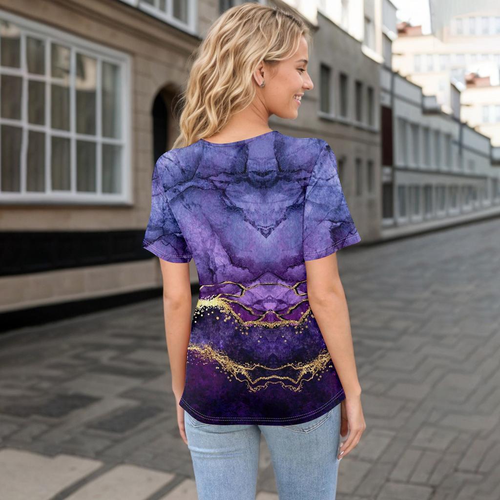 Women's Casual Printed Asymmetric Neck Short Sleeve Decorative Button T-Shirt Top