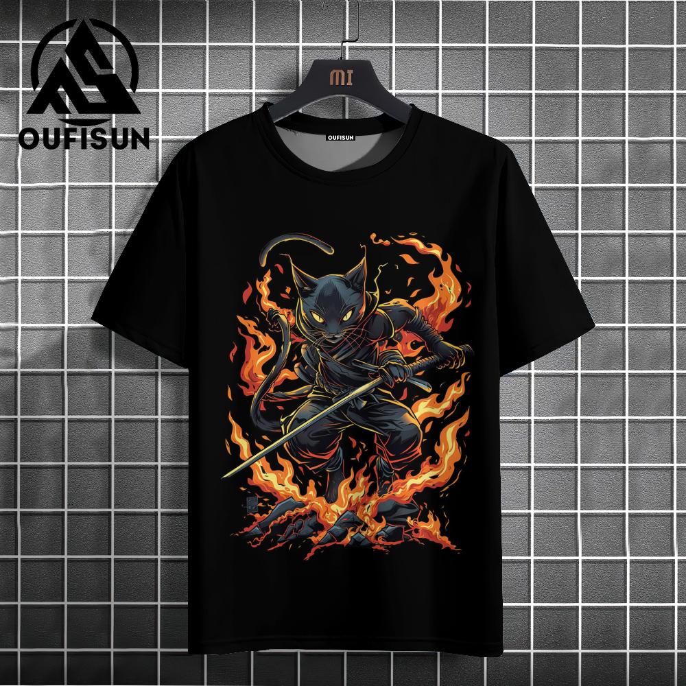 Samurai Cat T-Shirt Men's Japanese Shirt Black Short Sleeve T-Shirt