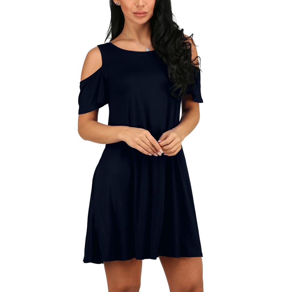 HNXC فساتين كاجوال نسائية صيفية ربيعية بلون سادة وأكمام قصيرة ورقبة دائرية