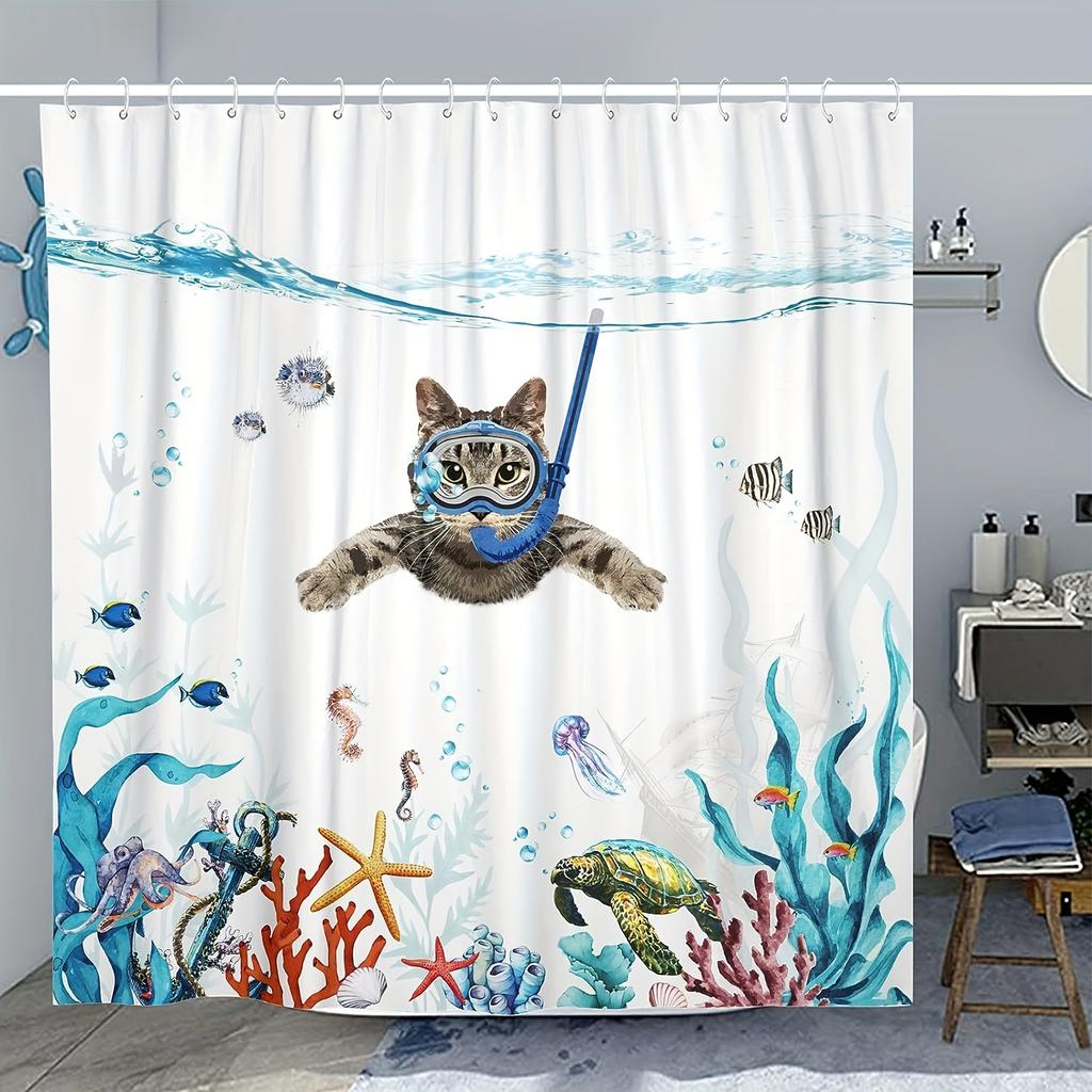 Shower Curtain: Adorable Cat Scuba Diving with Tropical Sea Life for a Fun and Whimsical Bathroom Decor