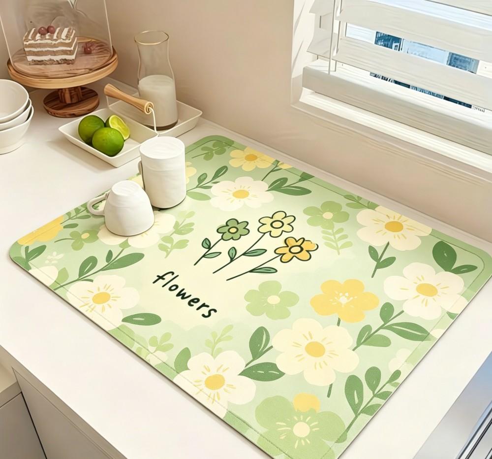 Cream Style Flower Dish Drying Mat Super Absorbent Kitchen Draining Mat Non Slip Coffee Bar Drain Pad Tableware Decor Rug