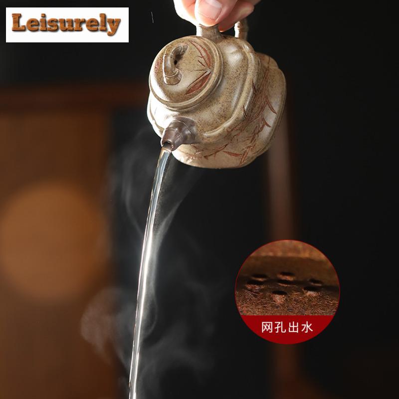 Classic Yixing Purple Clay Teapots Handmade Square Bamboo Tripod Pot Raw Ore Agilawood Mud Kettle With Infuser Zisha Teaset Gift