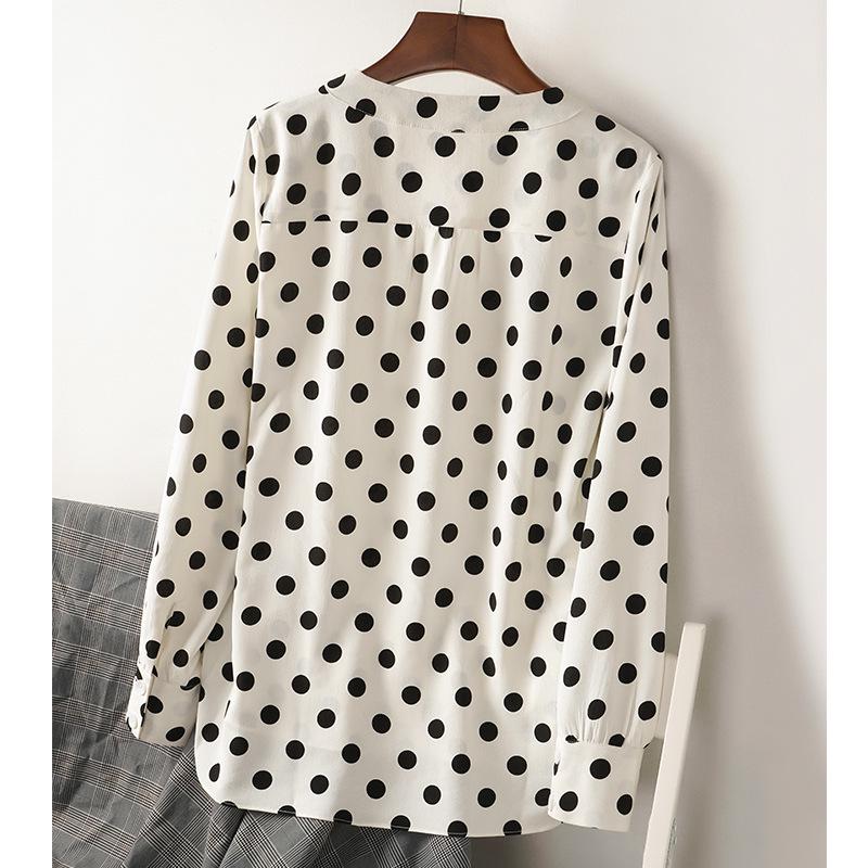 Women's Korean Style Polka Dot Chiffon Long Sleeve Shirt, Trendy White Spring Top