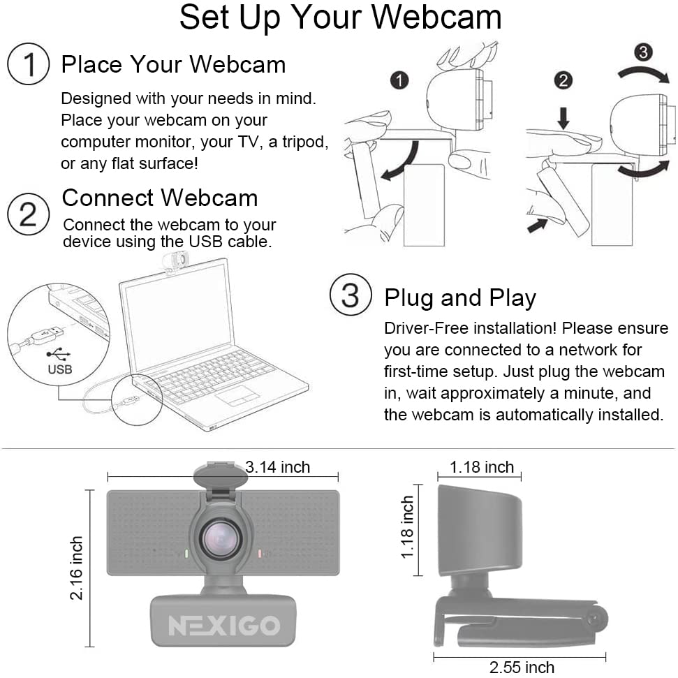 NexiGo N60 1080P Webcam with Adjustable Viewing Zoom Software Control and Privacy USB HD Computer Plug and for Calls Black Microphone, Angle,