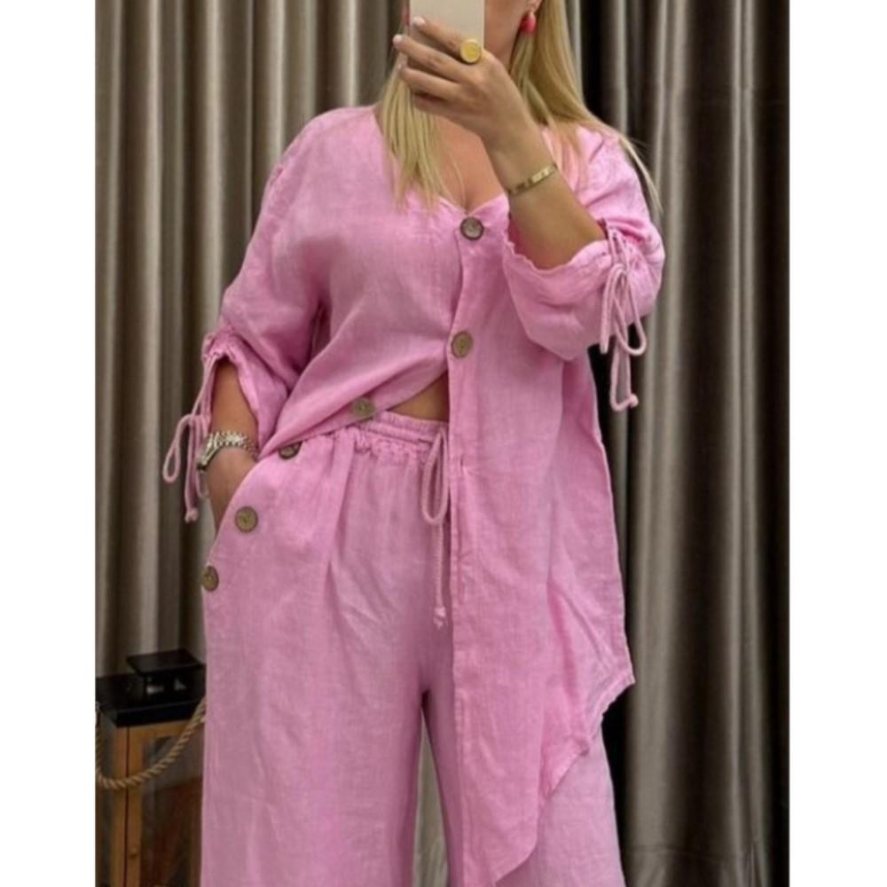 Cotton Linen Irregular Button Shirt Set Women Spring Autumn Casual Loose Retro V-Neck Cardigan + Wide-leg Long Pants 2piece Set