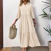 Fashionable Ladies Spring And Summer Solid Color Three-quarter Sleeve Casual Lapel Wide Swing Dress