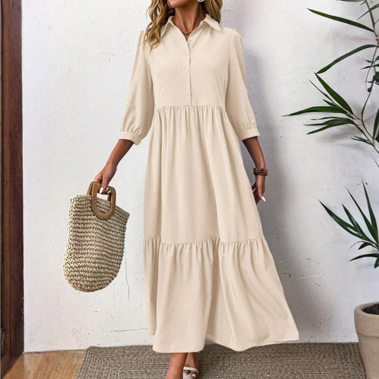 

Fashionable Ladies Spring And Summer Solid Color Three-quarter Sleeve Casual Lapel Wide Swing Dress L бежевий