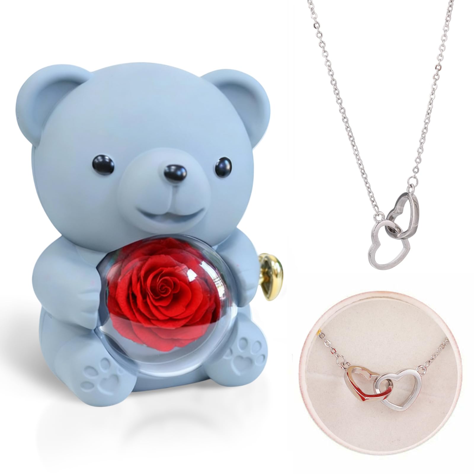 

Drawelry Authentic Rose Bear Jewelry Box with Personalized Heart Necklace, Preserved Eternal Rose Hug Bear Gift Set, Heart Necklace Bear Box