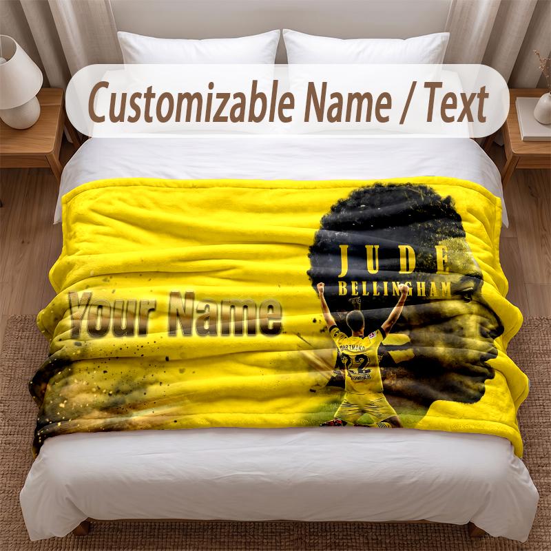 Jude Bellingham Printed Flannel Blanket Custom Name Text Soft Warm Throw For Bedroom Holiday Gift