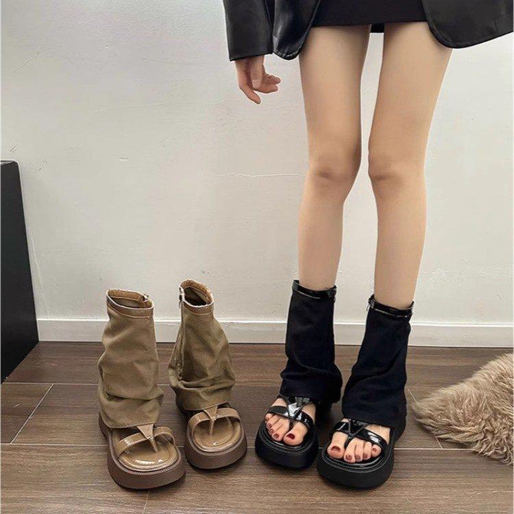 Retro Denim Zehen-Hosenstiefel! Sommersandalen tragen dicke Sohle Wasteland-Stil dünne kühle Stiefel