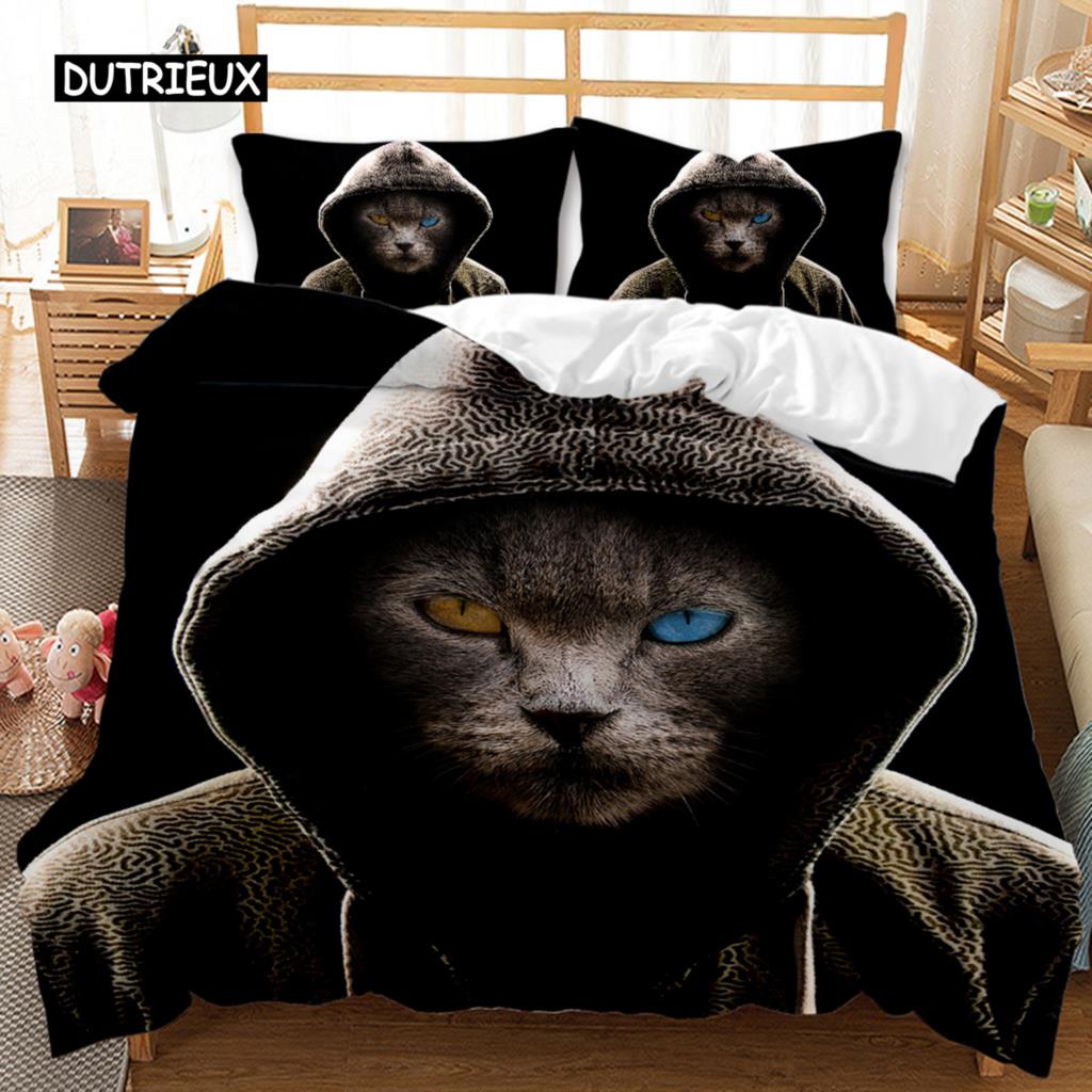 Katze Bettbezug Set Coole Katze mit Hut und scharfen Augen Tier Einzelbettwäsche Bettwäsche Queen King Size Polyester Steppdecke Bezug