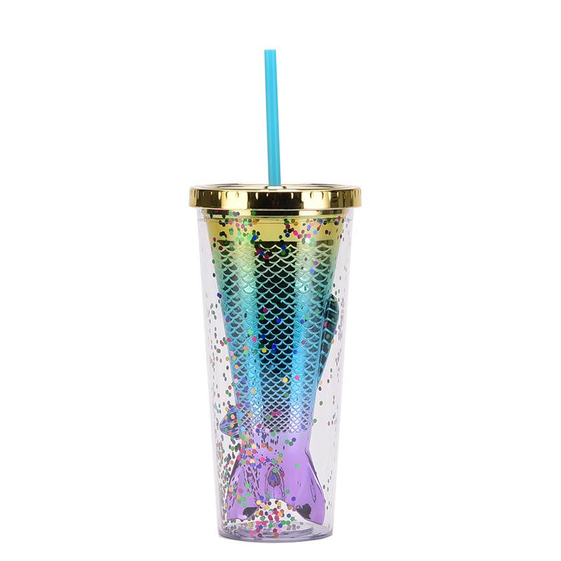 Double Layer Plastic Cup Creative Gradual Change Mermaid Tail Straw Cup Appearance Electroplating Color Sequined Water Cup