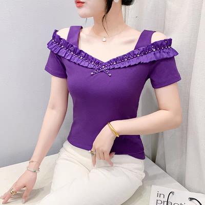 Summer New Ruffles Hot Diamonds Short Sleeved T-Shirt Classic Women's Slim Cotton Tops Fashion Casual Ladies Tees Blouse