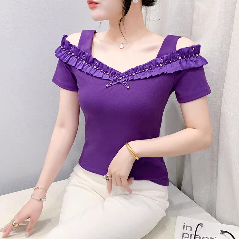 

Летняя Новинка Футболка с Коротким Рукавом и Рюшами, Горячие Бриллианты, Классический Женский Приталенный Хлопковый Топ, Модная Повседневная Женская Футболка, Блузка M фиолетовый