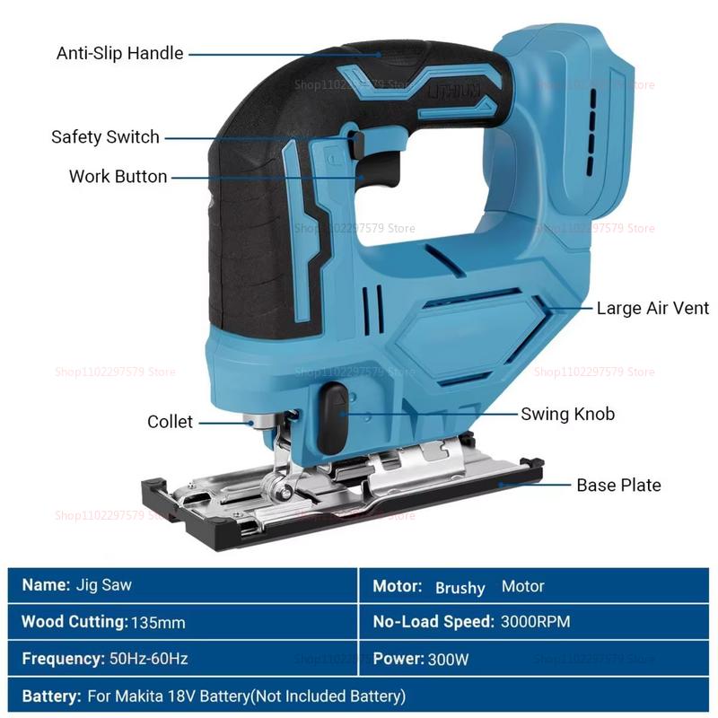 3000RPM 18V  Cordless Electric Jigsaw with Curved Cut Precision Portable Multifunction Power Tool for Carpentry Crafts Not Batte