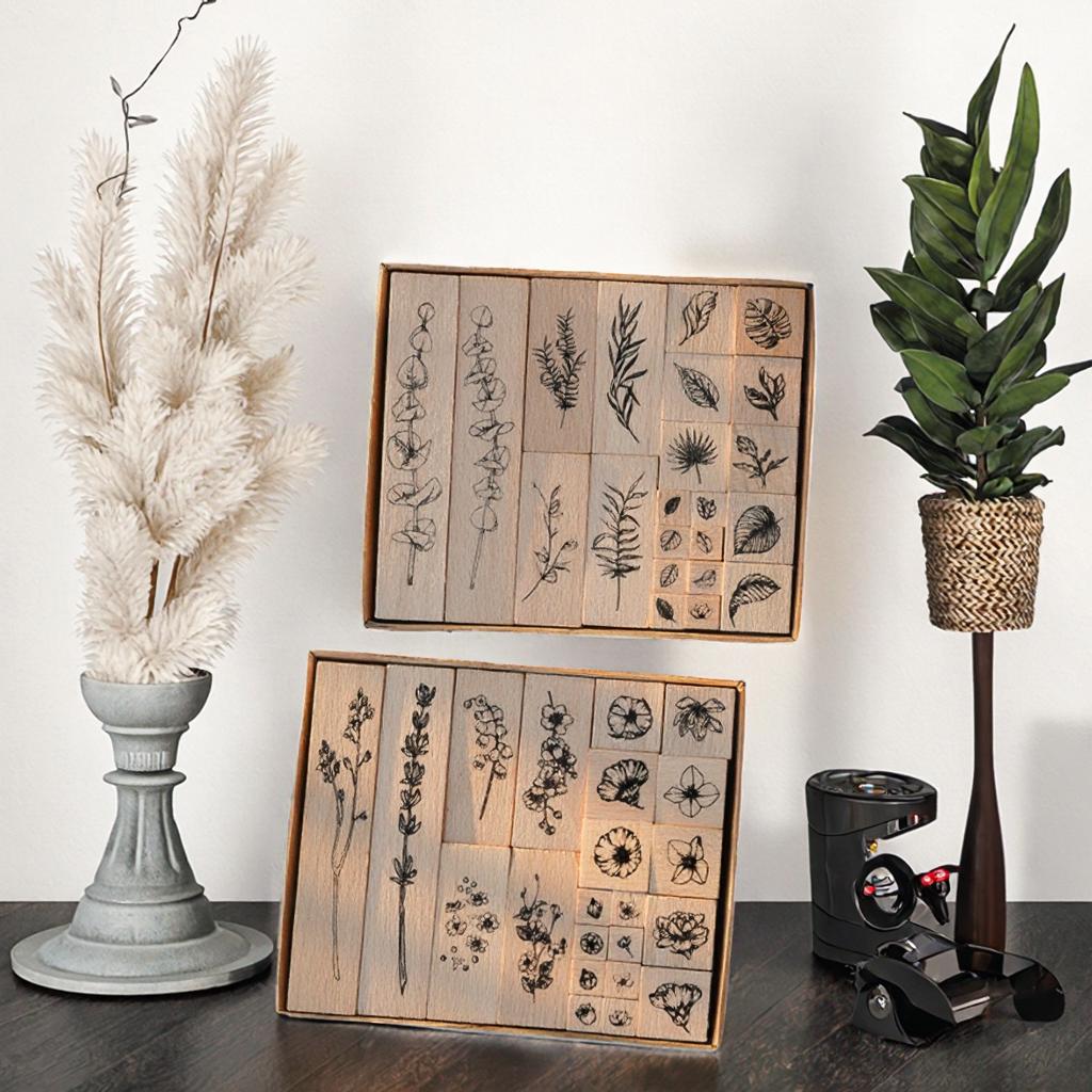 22pcs/set Laminated Natural Plants Leaf Flower Wooden Stamp Set Standard Stamps Collage Junk Journal Scrapbooking Card