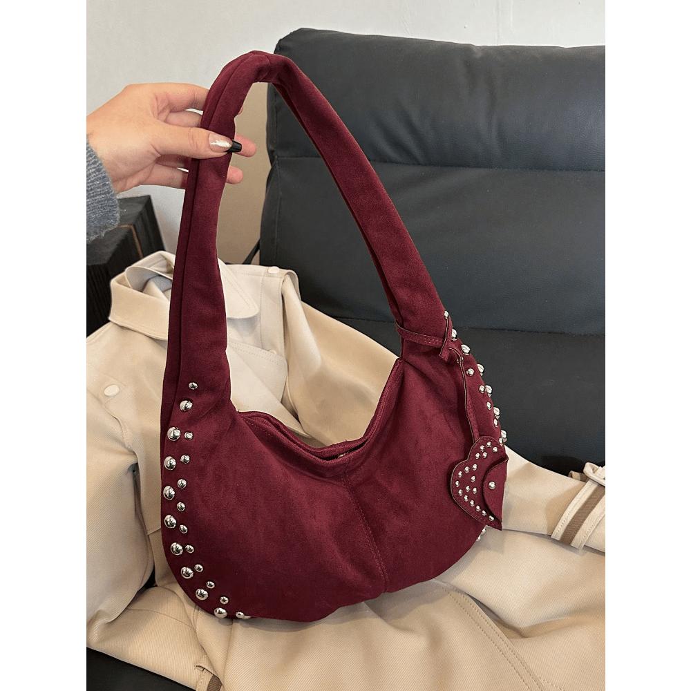 Casual Versatile Suede Rivet Bucket Bag, Fashionable Women Shoulder Bag Suitable For Daily Commute, Dating, Shopping