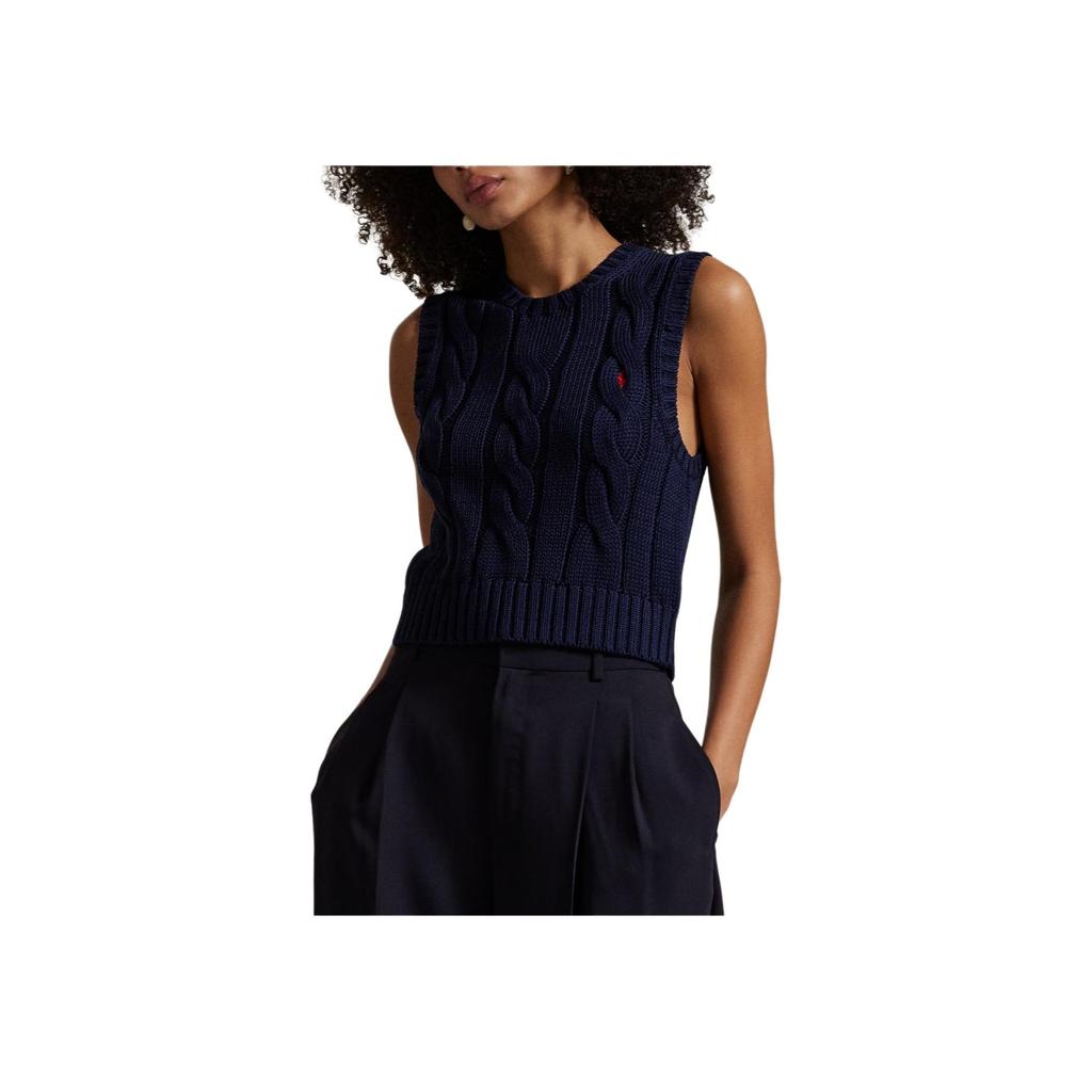Polo Ralph Lauren Solid Logo Embroidered Sleeveless Fitted Tank Top Women Tops Navy-Blue 211959295-002