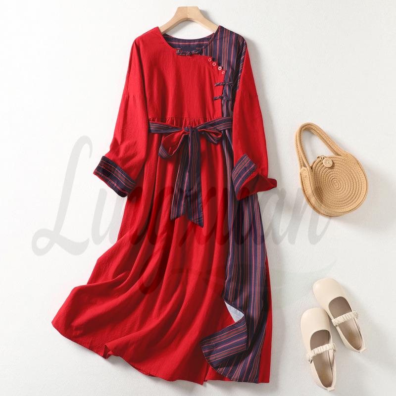 

Colorblock Ethnic Cotton Linen Dress: Retro Slimming Long Sleeve for Spring/Summer 2026 Extra Large