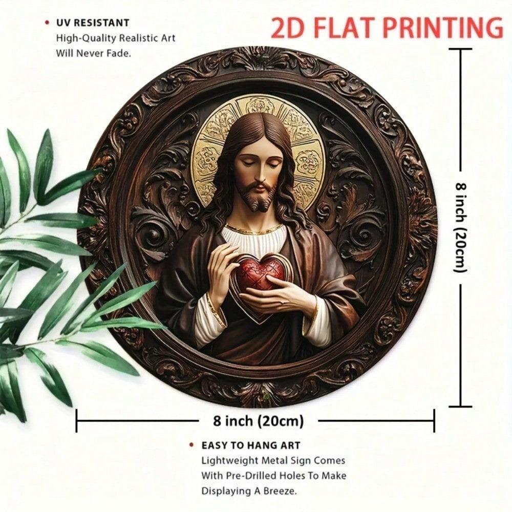 Metal Wall Art Sacred Heart of Jesus Christ Religious Icon for Living Room